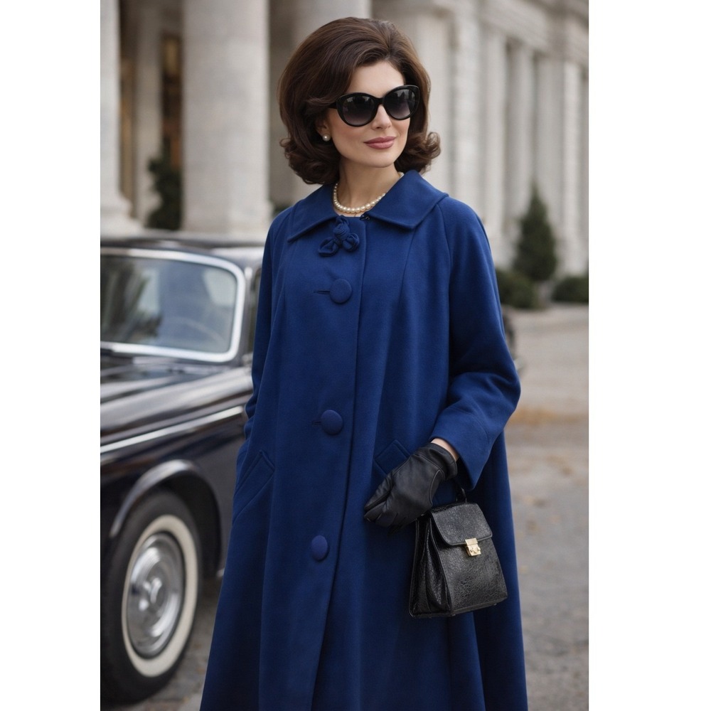 Vintage‎ 60s 70s Swing Coat Blue Rosette Classic Elegant Old Hollywood Glam Twee